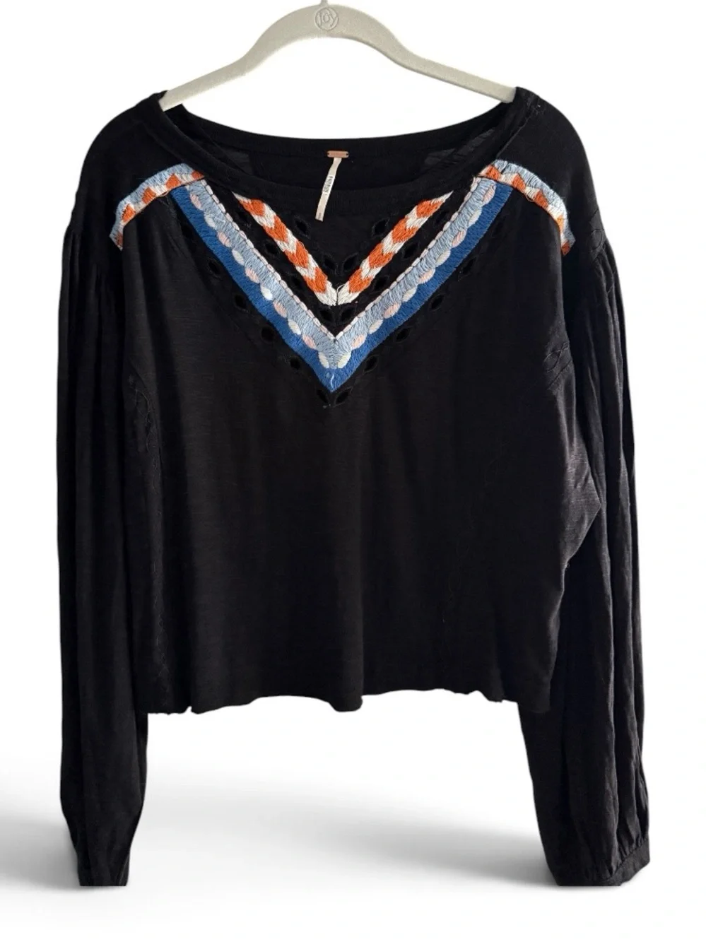 Free People Hand Me Down Boho Embroidered Top Balloon Sleeves Black Size Small